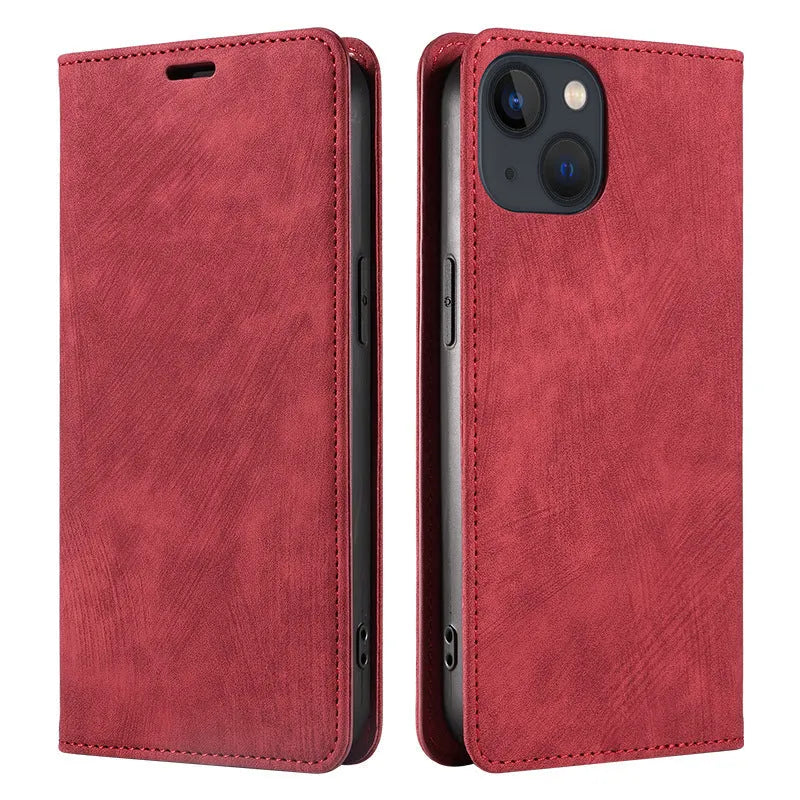 Magnetic flip leather phone case for iPhone in black, showing closed cover with magnetic clasp.