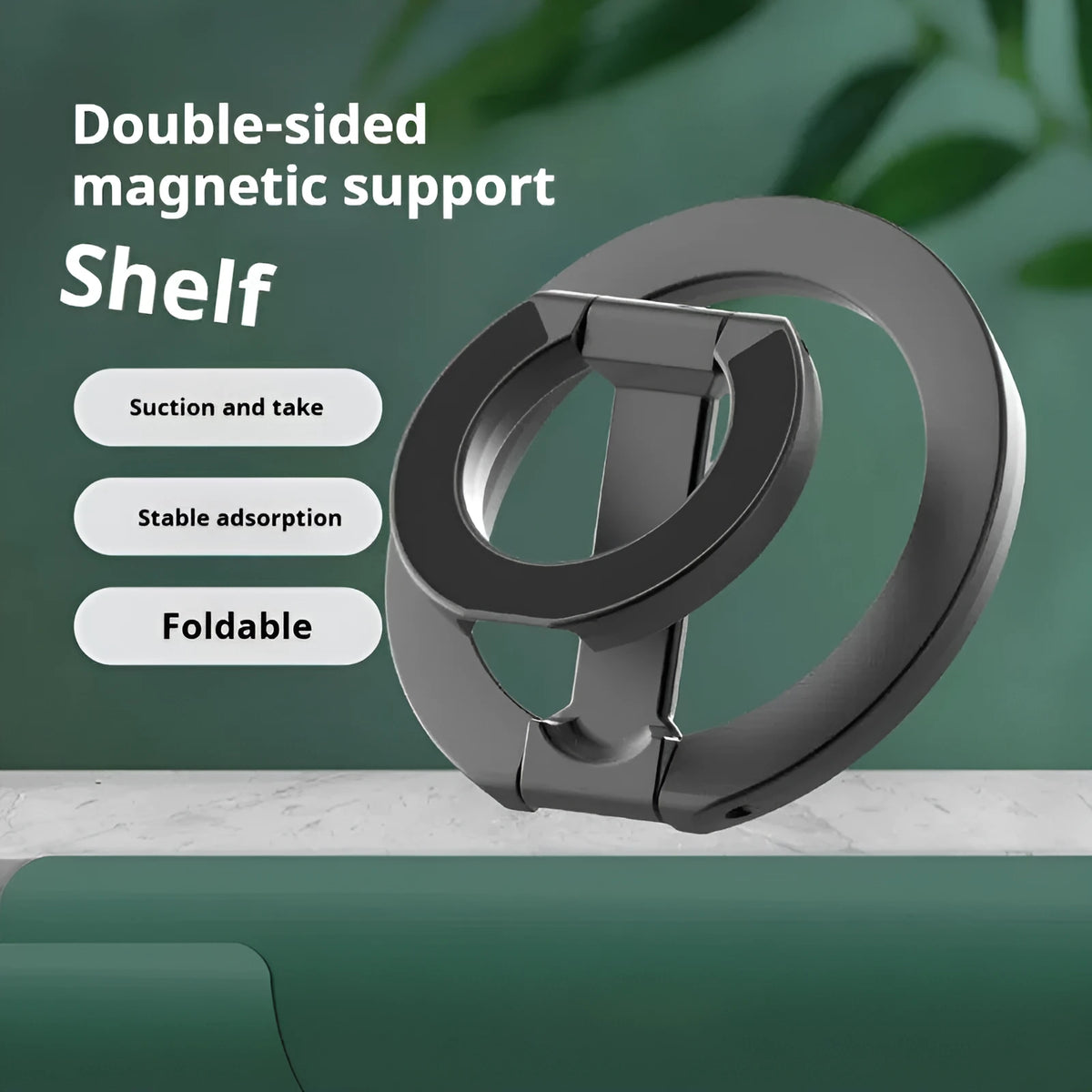 Double-sided magnetic phone holder in alloy, shown in Cold Black, Ivory White, Dark Night Purple and Yuefeng Blue
