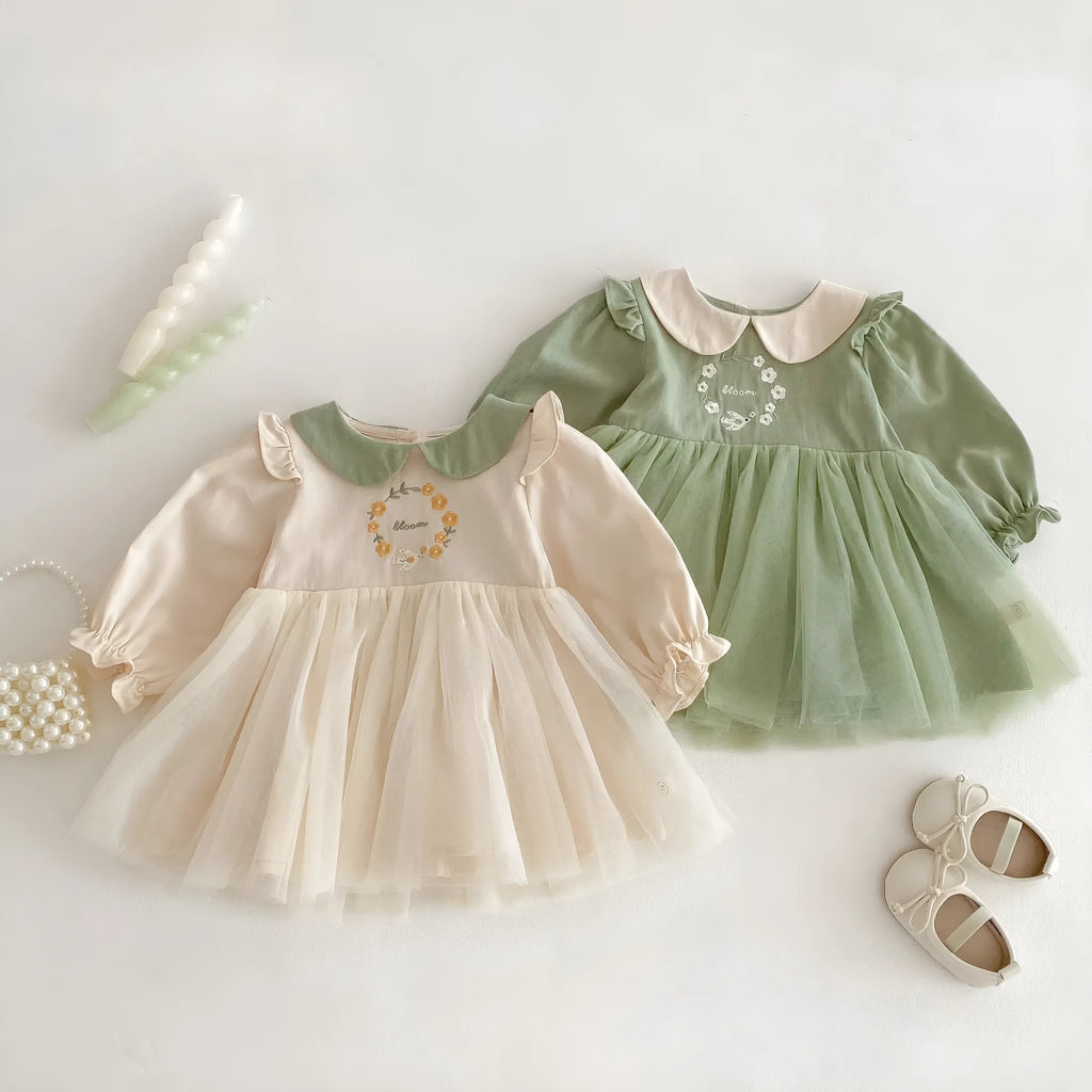 Girls' floral spring dress, long sleeve cotton dress in beige or pastoral green for heights 73-120cm
