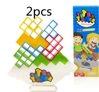 Plastic balance stacking game with 16 colourful blocks and chassis for family play