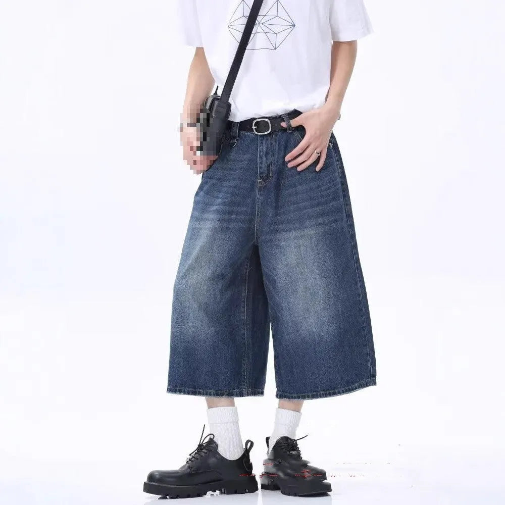 Men's distressed straight-leg denim middle pants in retro blue, mid waist, cotton with micro stretch