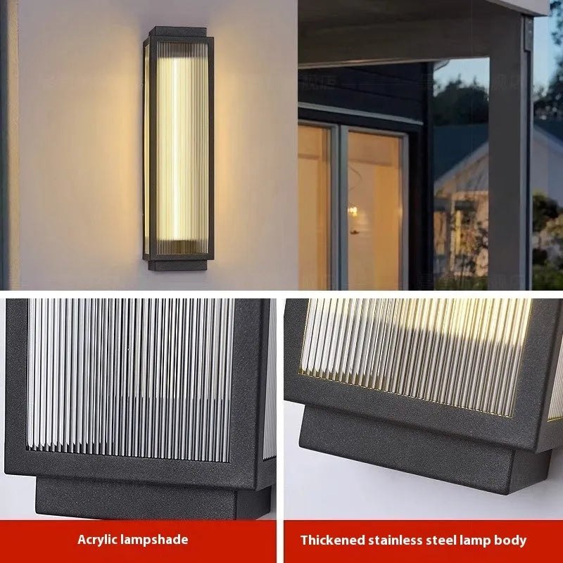 Waterproof stainless steel outdoor wall lamp showing multiple sizes and light colour options