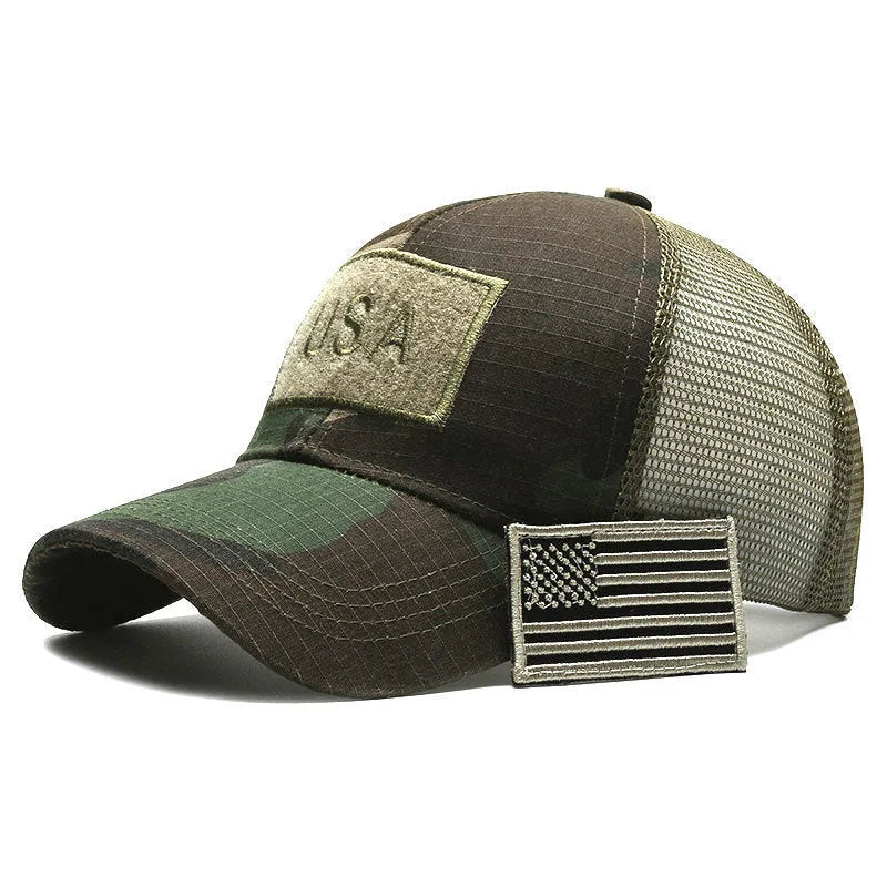 Tactical camouflage baseball cap with dome crown and adjustable Velcro closure
