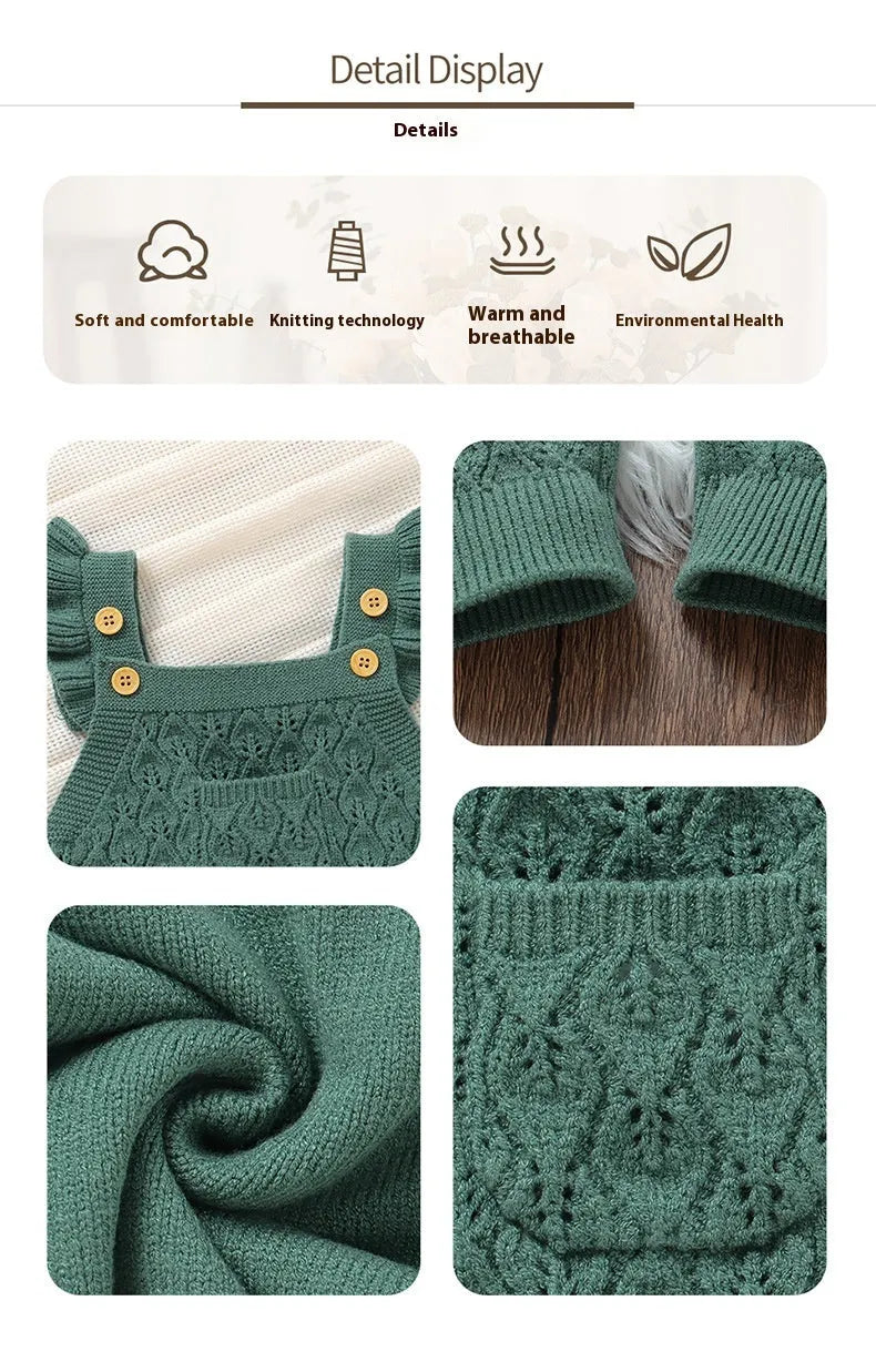 Infant sleeveless knitted romper jumpsuit with double-breasted closure and flounced sleeves in apricot