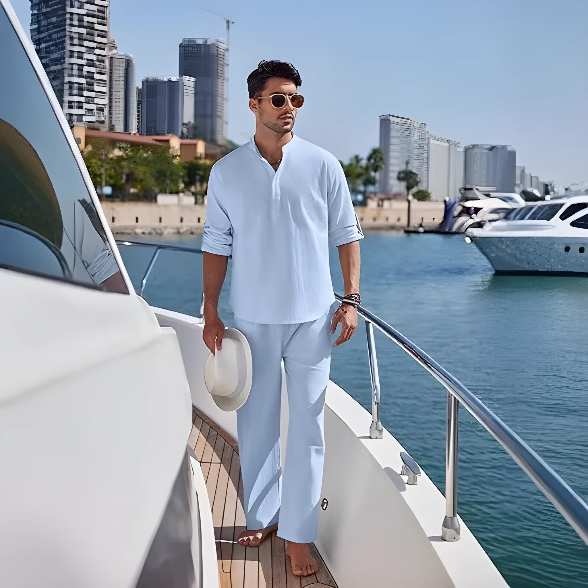 Men's casual cotton trousers suit in solid colours with long sleeves and standard thickness fabric