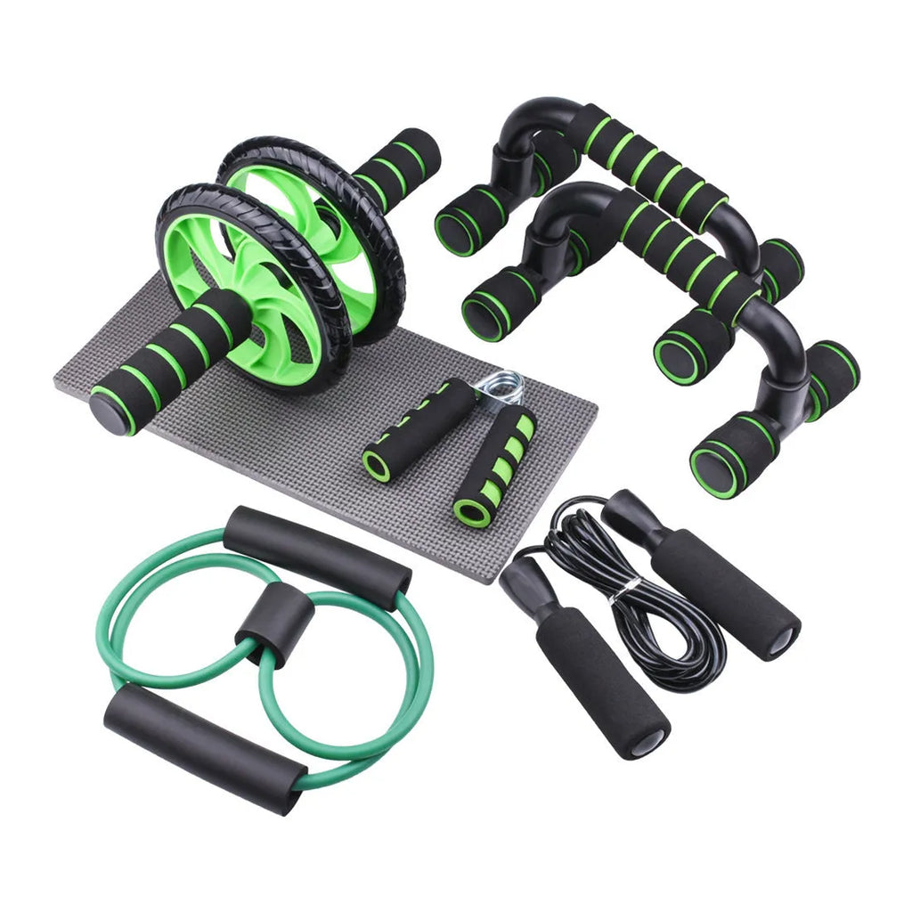 Indoor push-up bracket and abdominal wheel fitness set in red, green, black, or blue.