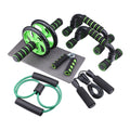 Indoor push-up bracket and abdominal wheel fitness set in red, green, black, or blue.