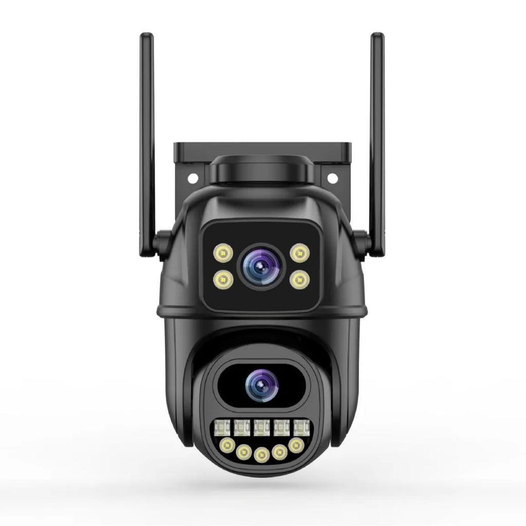 Black wireless surveillance camera with dual-channel humanoid tracking and hoistable bracket, 18.3 x 15.8 x 10.8 cm