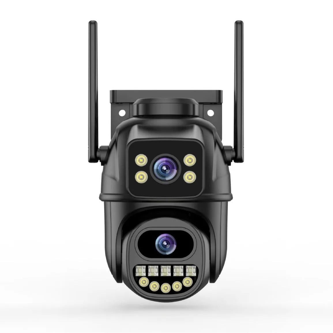 Black wireless surveillance camera with dual-channel humanoid tracking and hoistable bracket, 18.3 x 15.8 x 10.8 cm
