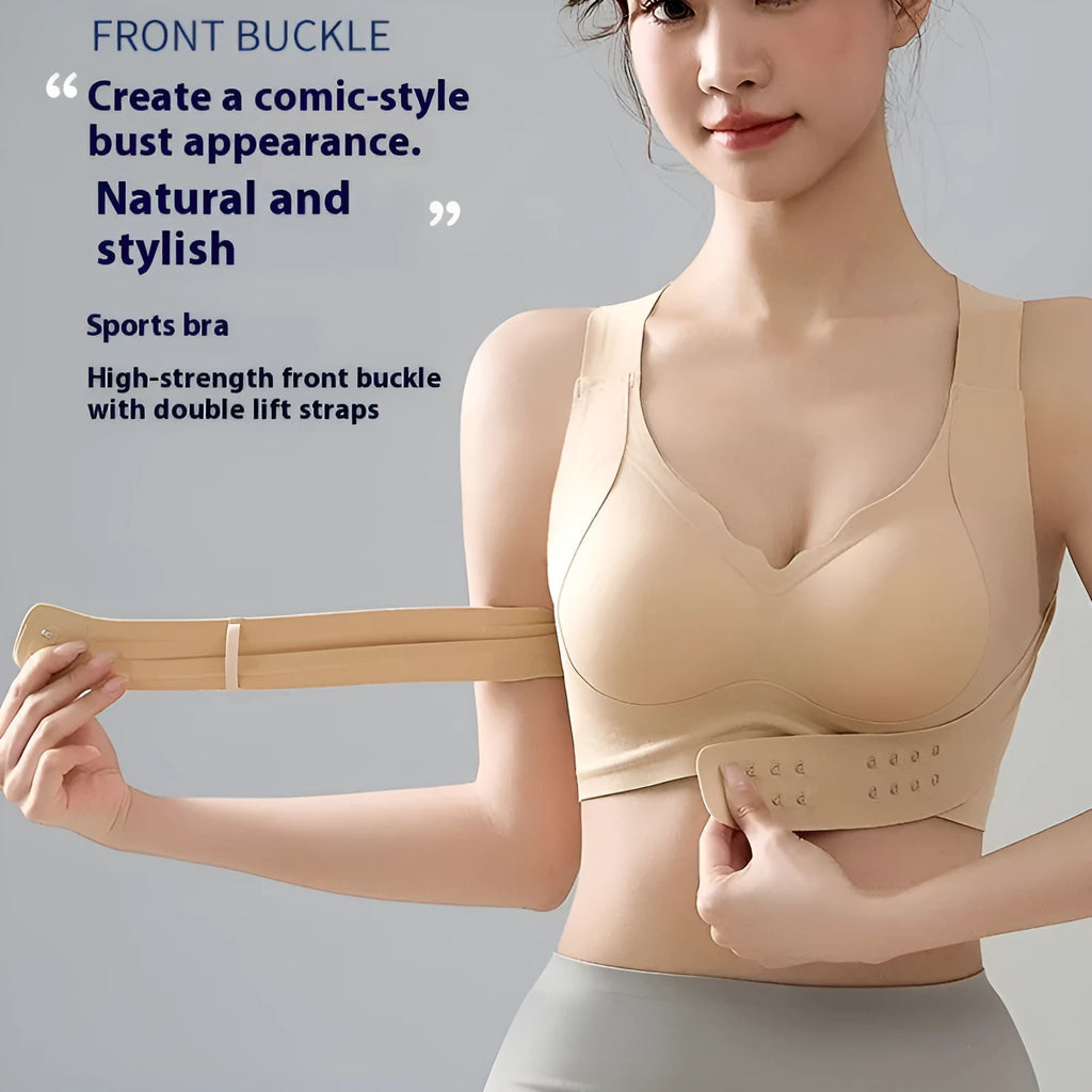 Women's front buckle exercise bra for yoga and cross training with 3/4 moulded cups