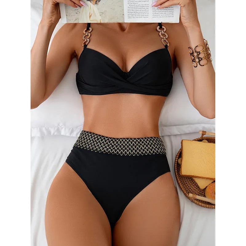 Black high elasticity polyester bikini swimsuit set with sleeveless top and briefs.
