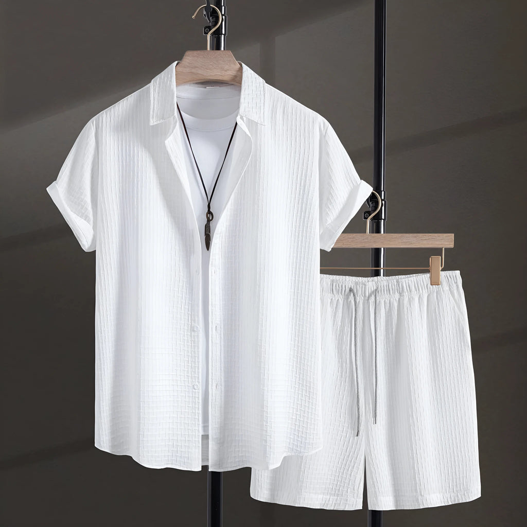 Men's cotton blend beach short sleeve shirt and shorts suit in loose cardigan style
