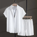 Men's cotton blend beach short sleeve shirt and shorts suit in loose cardigan style