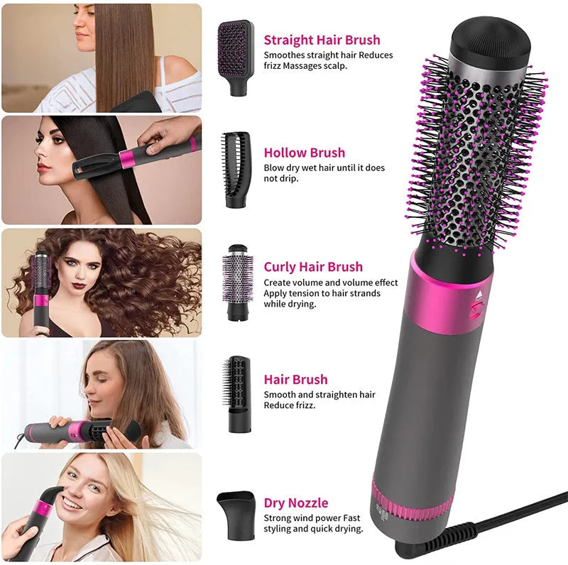 Dyson grey 5-in-1 hair dryer brush with multiple brush attachments for styling