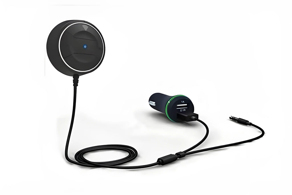 Bluetooth 5.0 car hands-free music player with NFC in black with AUX cable and mini USB power port