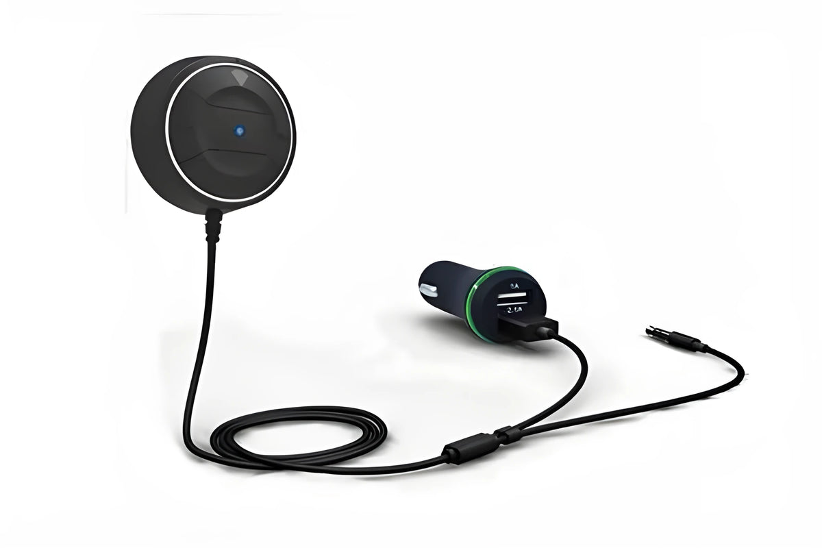 Bluetooth 5.0 car hands-free music player with NFC in black with AUX cable and mini USB power port