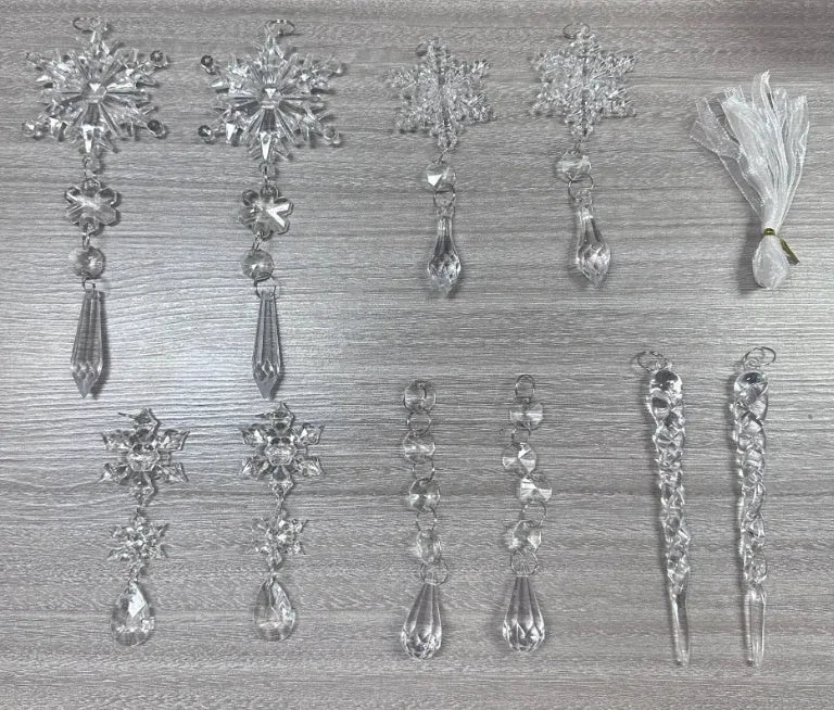 10 clear acrylic icicle Christmas tree hanging pendants with ribbon, transparent finish, indoor winter decor set