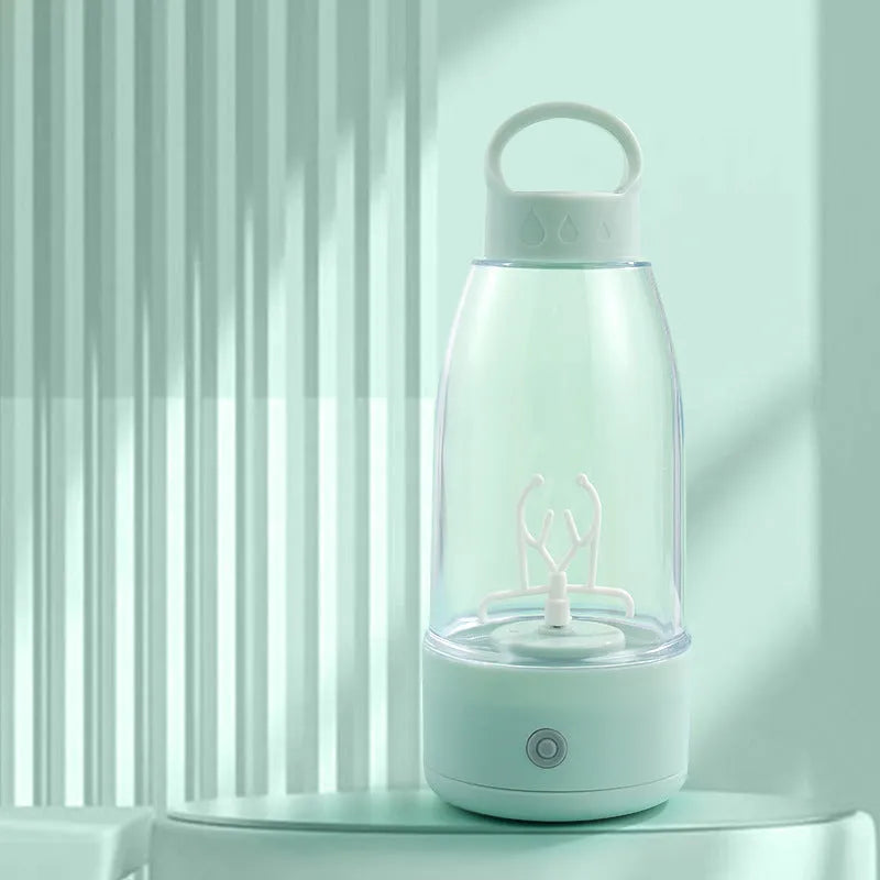 Automatic electric shaker bottle in green, pink, or white with USB charging port and carry handle.