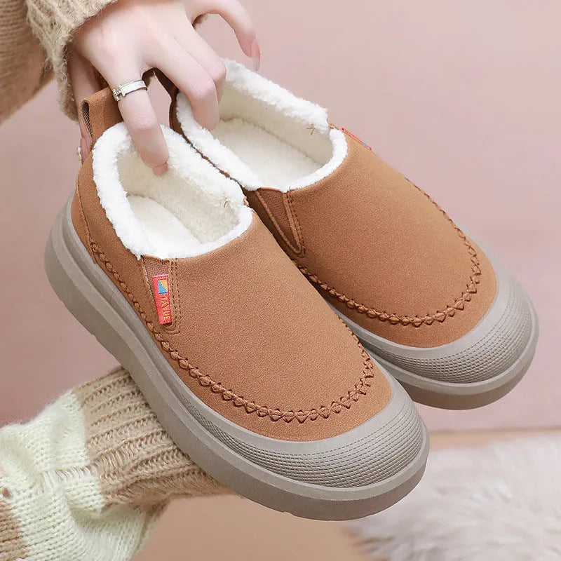 Fleece lined platform slip-on shoes in black, khaki, or brown with non-slip PVC sole, sizes 35-42