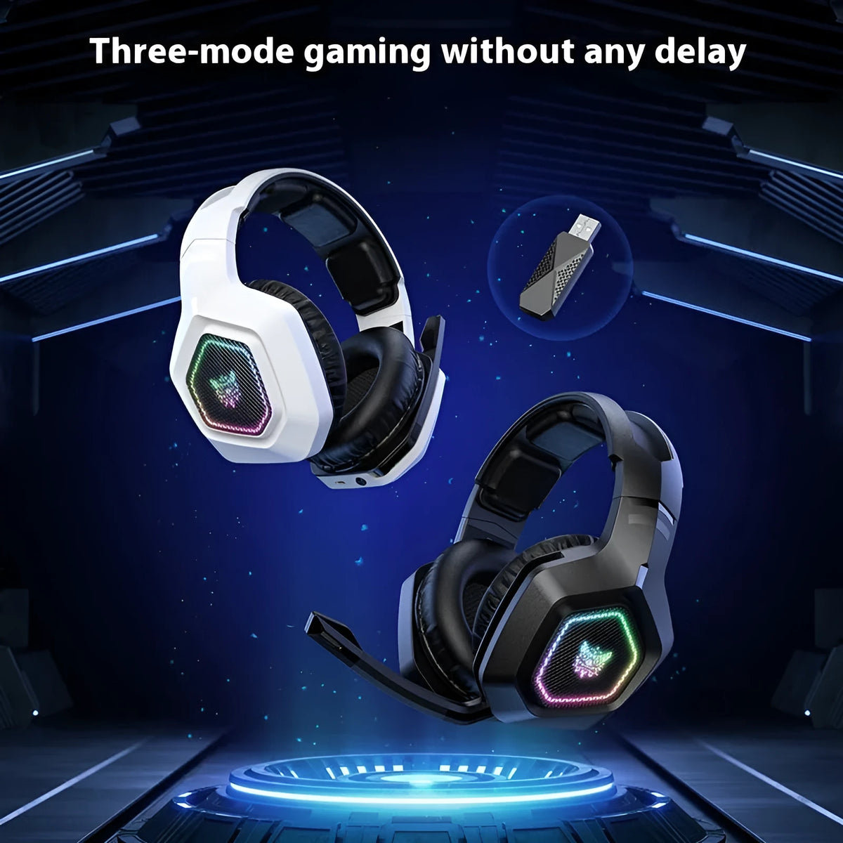 Wireless gaming headset in black or white with RGB luminous design, 2.4G receiver, Bluetooth, 192 x 97 x 200mm PC ABS body