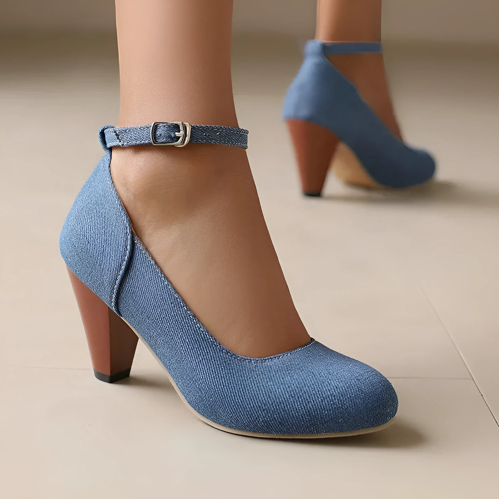 Blue denim women's high heel boots with a buckle strap and waterproof platform sole.