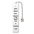 Stainless steel bookmark with tassel in a metal gift box, showing colour options.