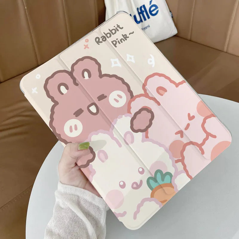 Rabbit cartoon design on a flat tri-fold silicone case for an iPad.