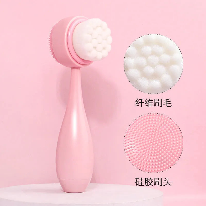 Facial brush three-piece set with nylon bristles, plastic handle, and coral fleece absorbent hair band