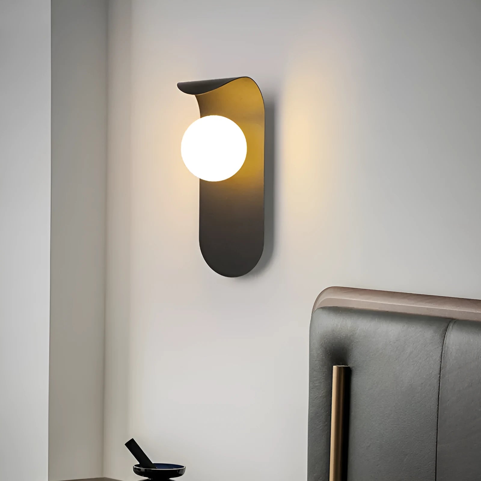 Modern minimalist black iron wall lamp with LED light for bedside or living room wall