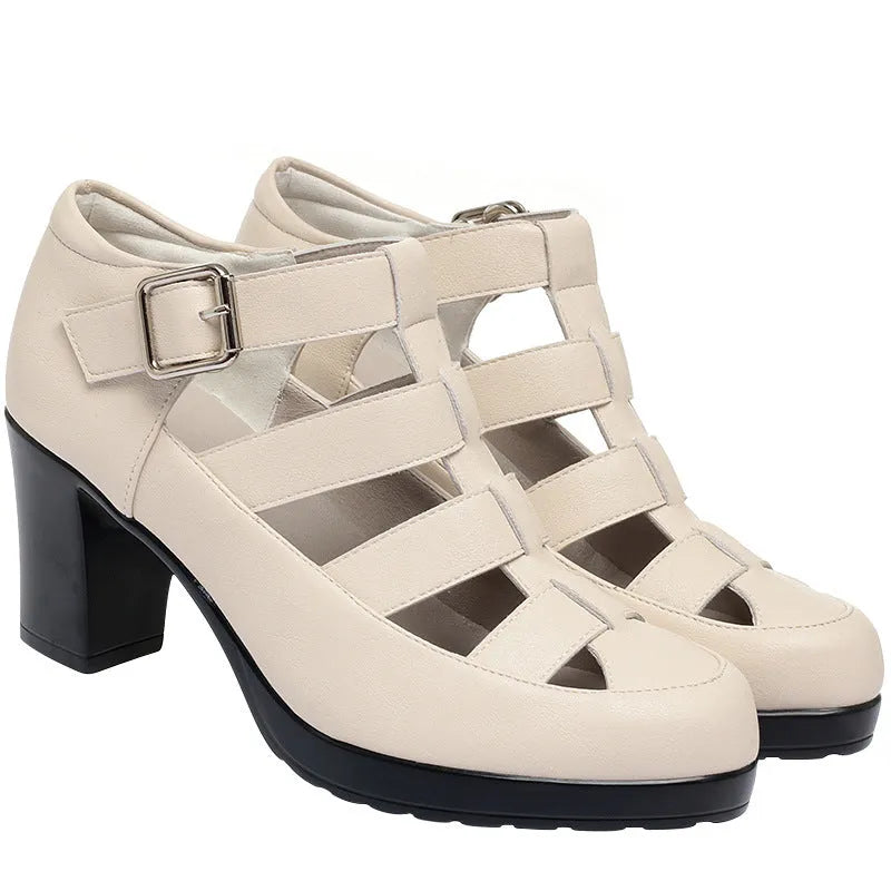 Women's closed toe woven sandals with chunky heel and ankle-strap buckle in beige colour