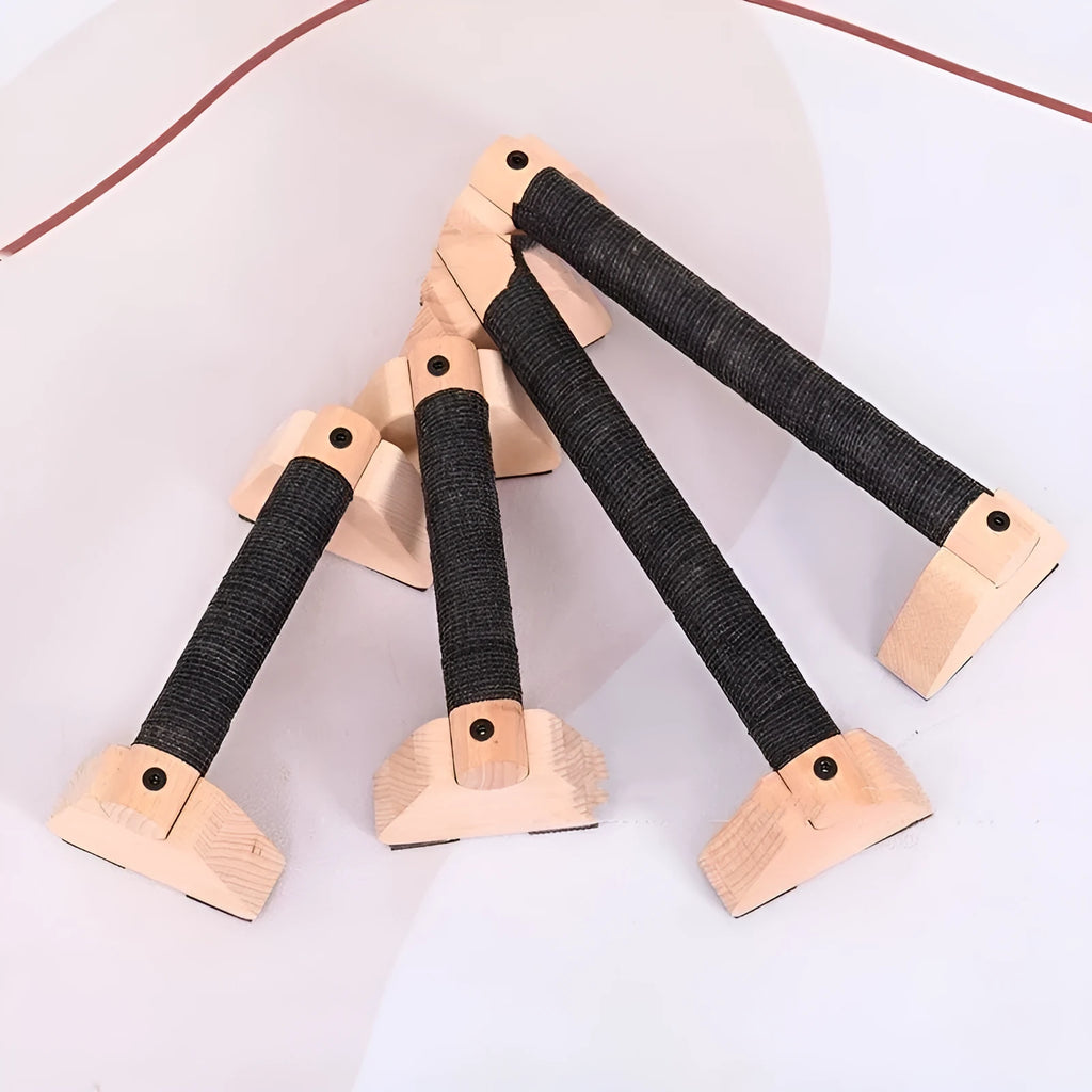 Pair of solid wood single parallel bars, beech wood, 30cm length, on a floor for fitness training