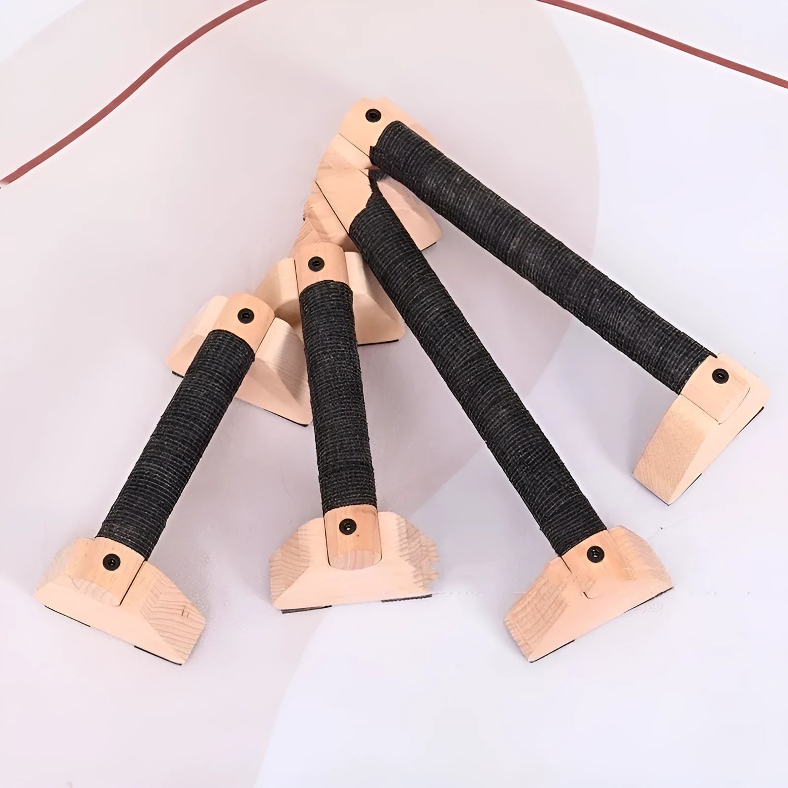 Pair of solid wood single parallel bars, beech wood, 30cm length, on a floor for fitness training