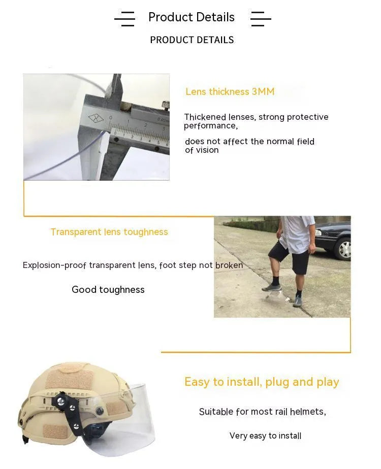 Transparent polycarbonate helmet visor with guide rail mount for face protection