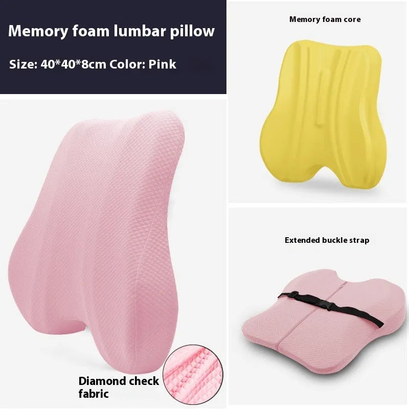 Grey office lumbar support pillow on a chair, dimensions 40x40x8cm
