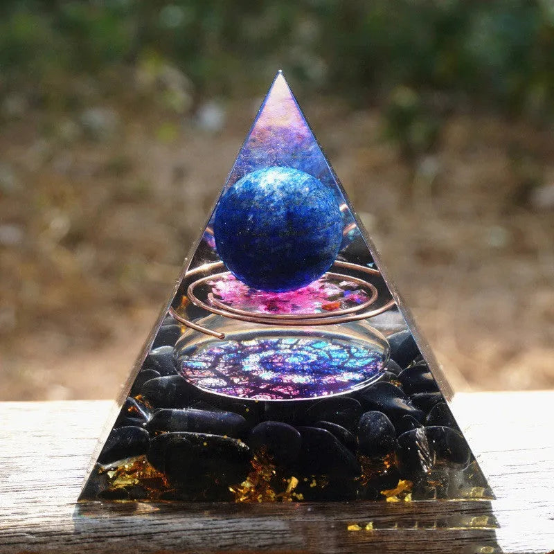 6cm tall epoxy resin pyramid ornament with embedded natural crystal gravel particles