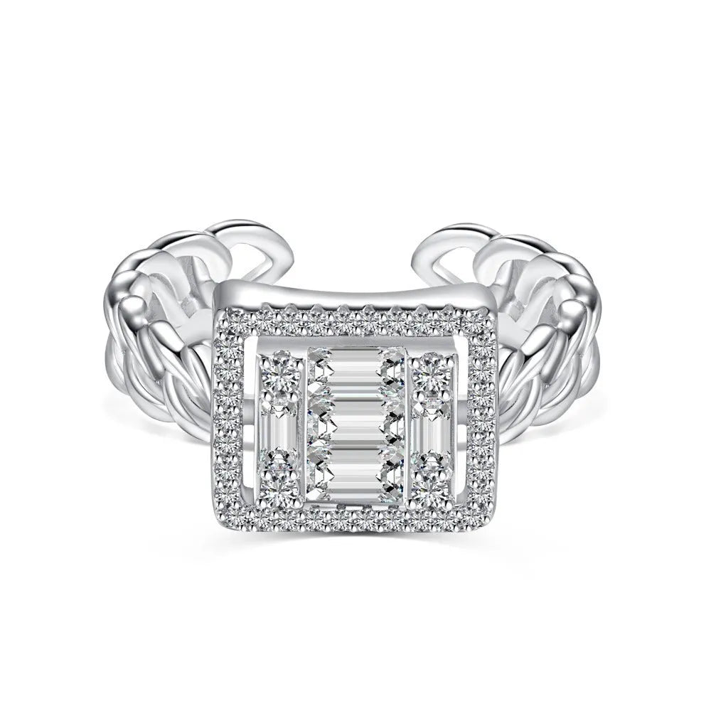 S925 sterling silver open ring for women with full diamond inlay and belt chain design in platinum white diamond finish
