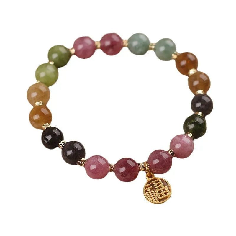 Natural tourmaline geometric bracelet with floral and Chinese fu character designs
