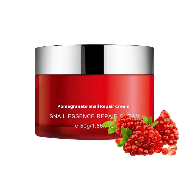 Pomegranate skincare set with four red bottles: face wash, toner, lotion and facial cream