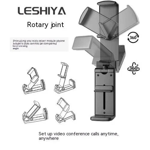 Foldable rotating phone holder in black, showing adjustable head and compact folded position.