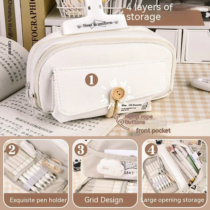 Girls canvas pencil case with button fastening showing large capacity for approximately 80 pens in beige colour