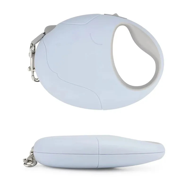 Retractable dog leash with nylon rope and plastic casing, in Blue, Pink, or White, sizes S and L.