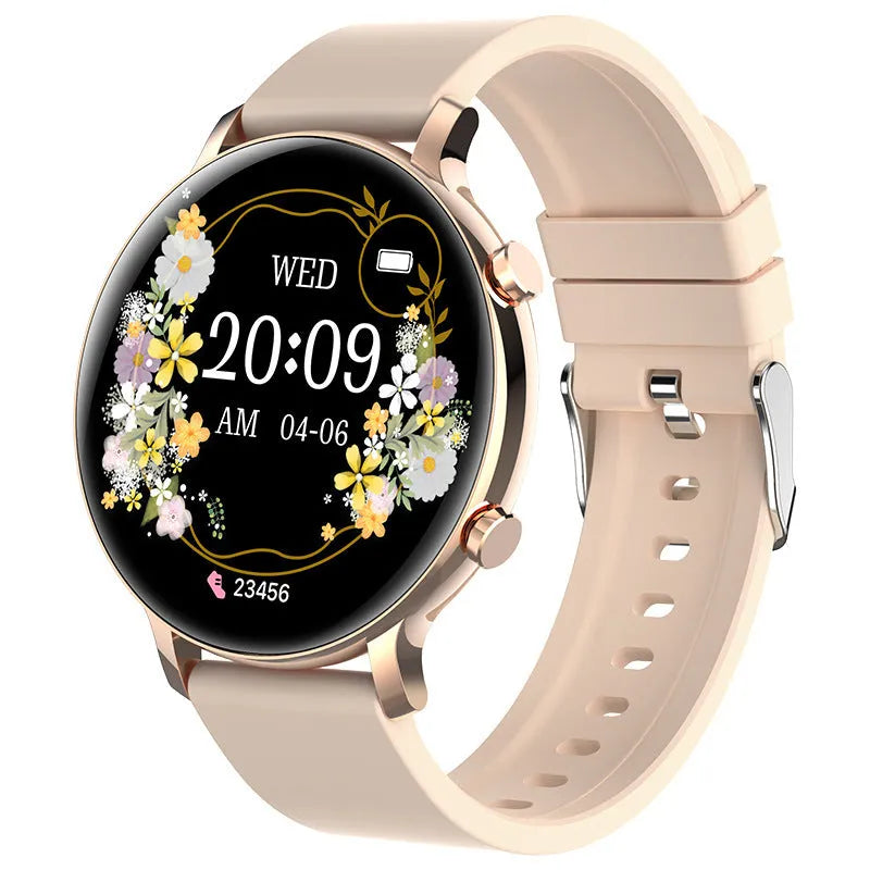 Black business smartwatch with stainless steel strap on a wrist, showing call and health tracking screen.