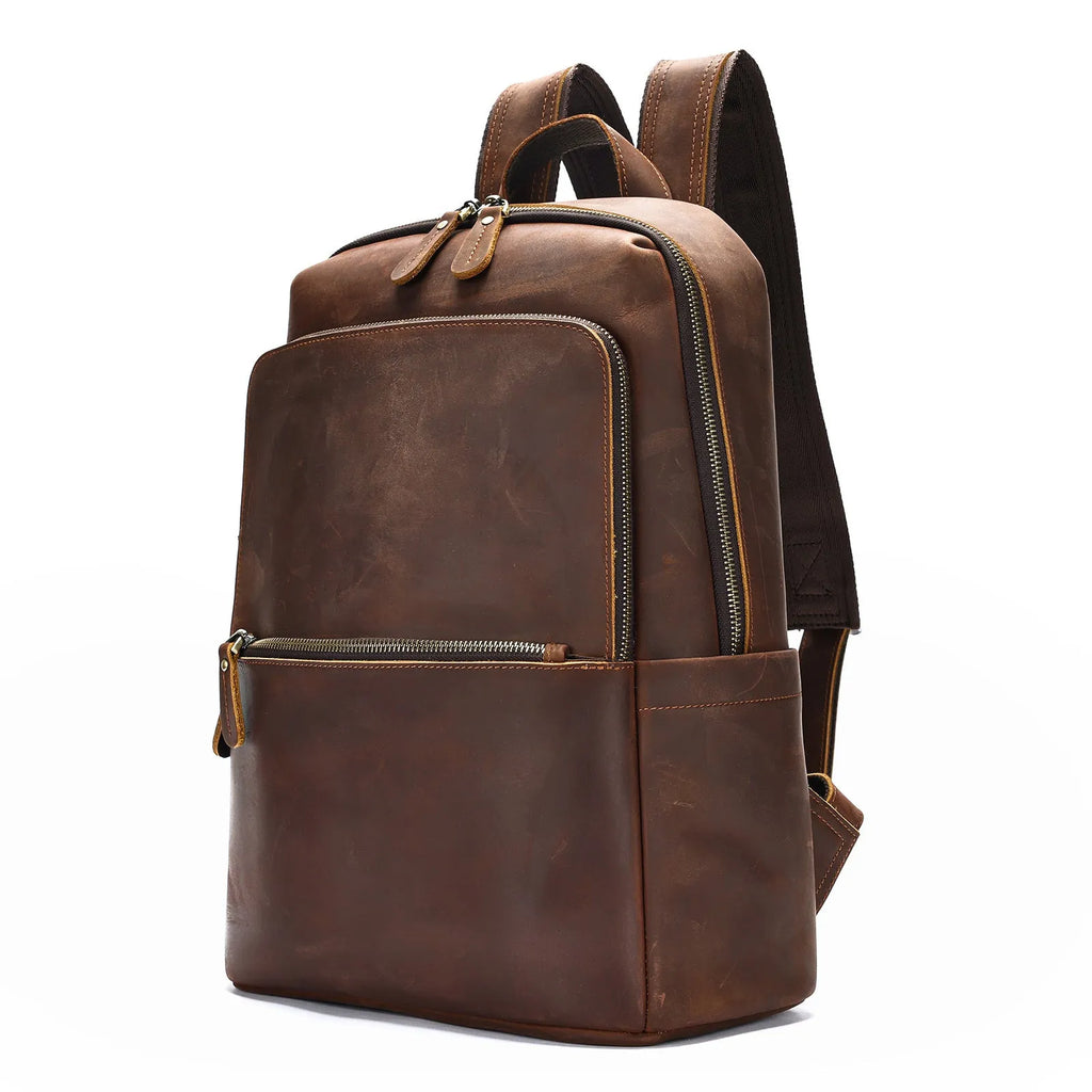 Men's first layer cowhide leather backpack, black or coffee, 30.5x15x39cm, 20-35L, with airpillow straps