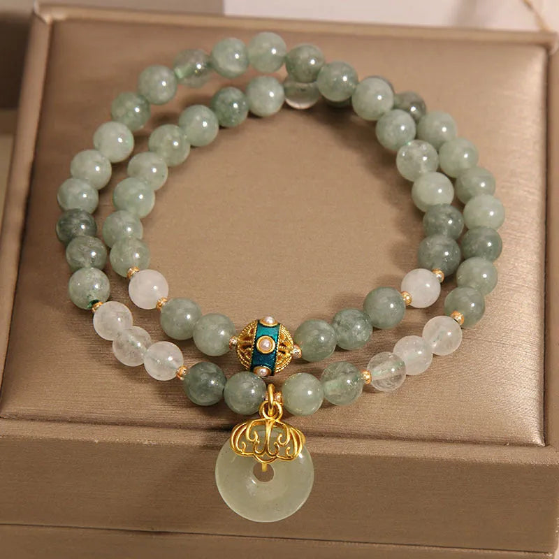 Oil green aventurine jade women's bracelet with double-layer design, crystal, rhinestones, and safety peace buckle