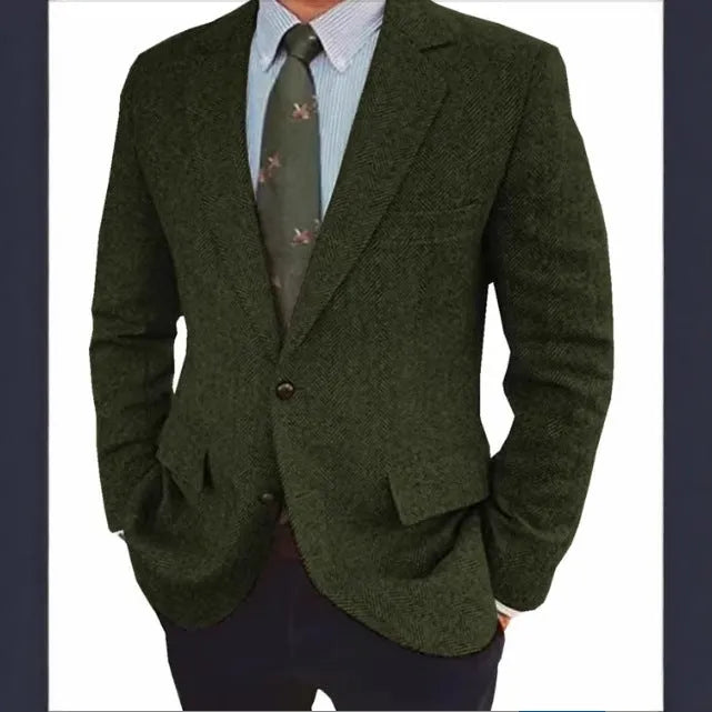 Man wearing a brown herringbone pattern retro-style suit jacket with long sleeves.