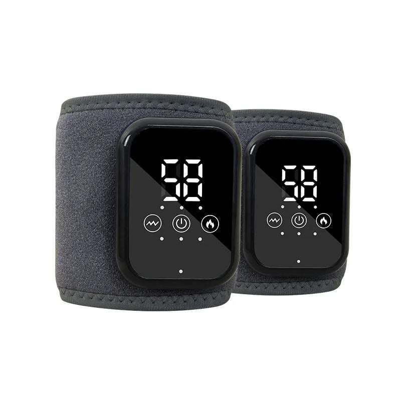 Black rechargeable electric heating ankle sleeve wrapped around an ankle