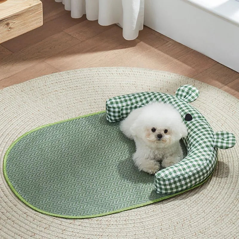 Large green pet cooling mat for dogs and cats, size 75 cm by 55 cm, placed on a floor.