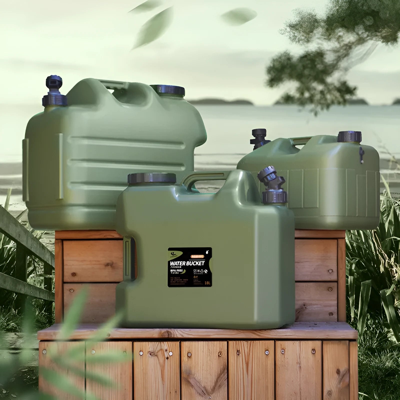 Portable 18L square PE plastic water storage container with faucet in army green for camping and car use