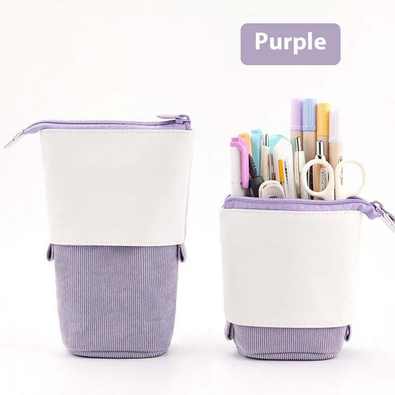 Corduroy telescopic stationery case shown expanded and collapsed in multiple colour options.