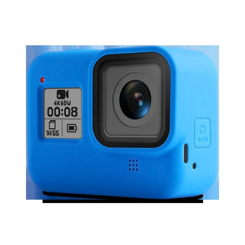 GoPro Hero 8 Black camera with blue silicone protective sleeve and a blue neck lanyard attached.